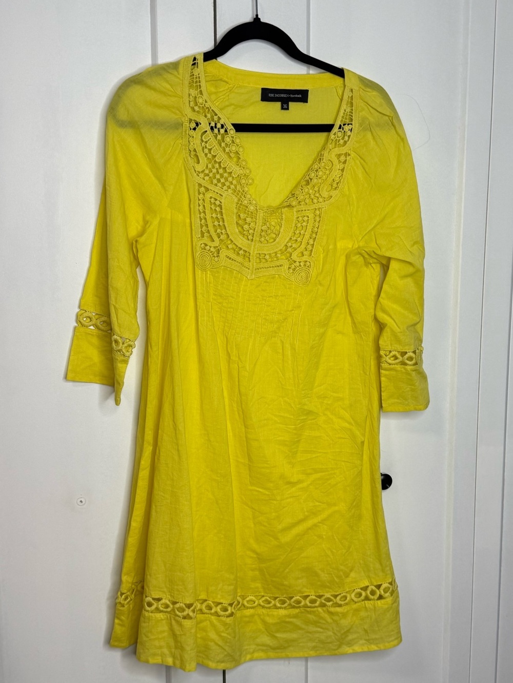 Ilse Jacobsen Bright Yellow Embroidered V-Neck Tunic Dress 100% Cotton
